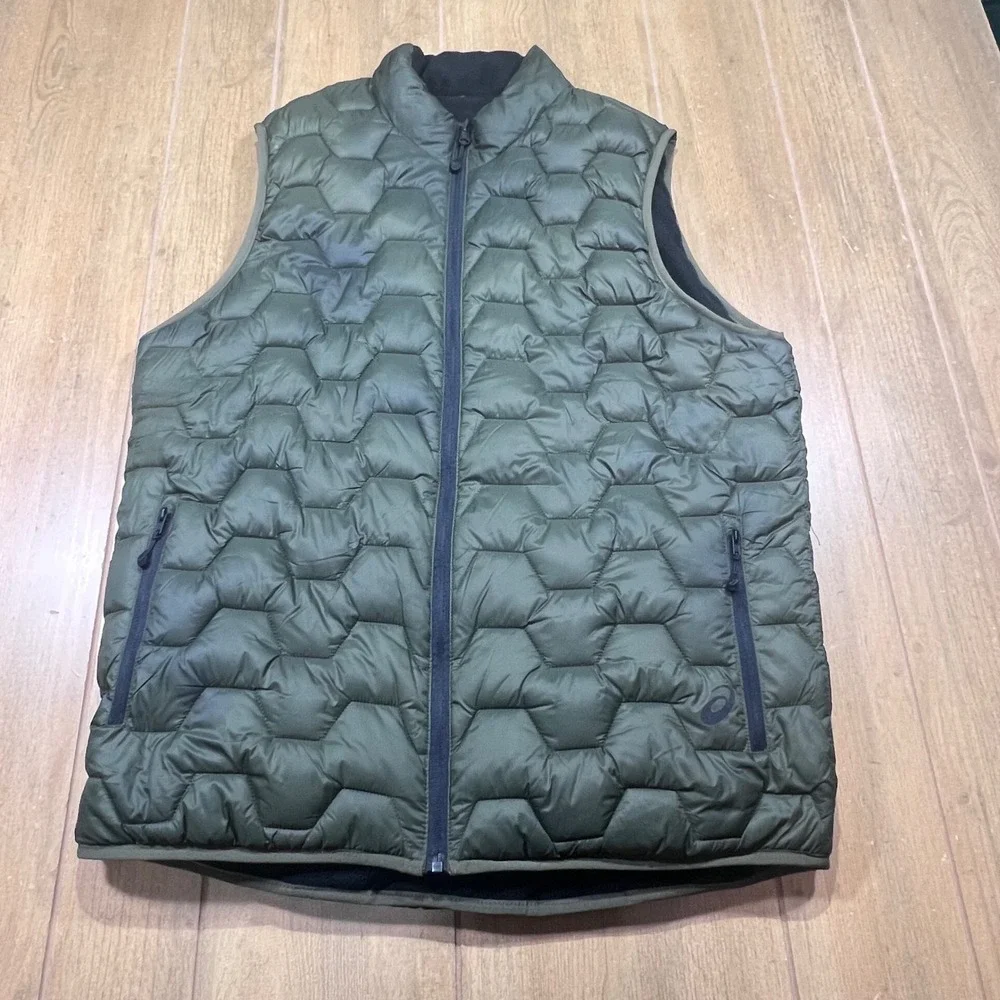 Asics Reversible Puffer Fleece Vest Mens Black Olive Green Full Zip Quilted XL